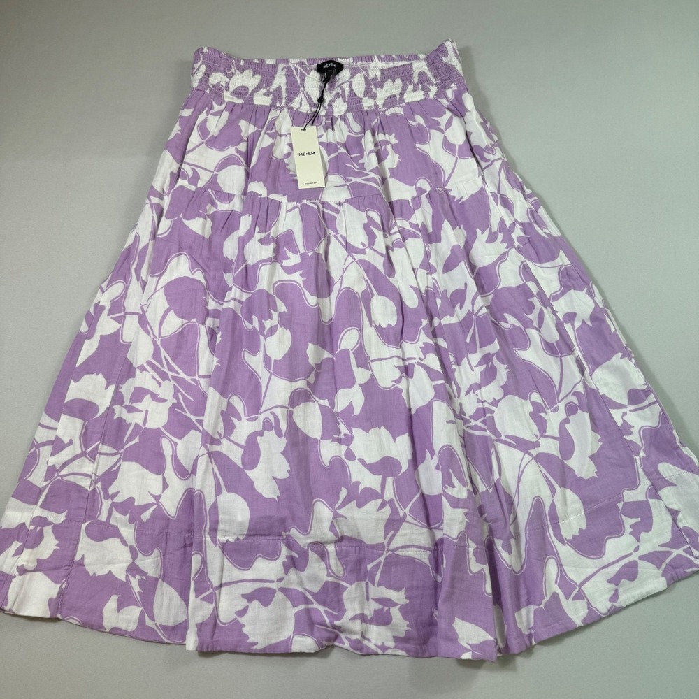 ME+EM Cheesecloth Two Tone Tulips Midi Skirt Womens 12 Lilac White Floral NEW